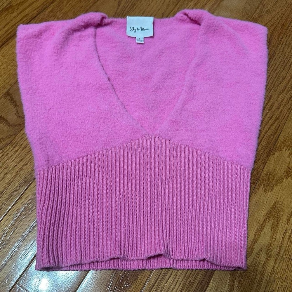 Sky to Moon Pink Fuzzy Deep Cut Crop Sweater Top